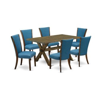 East West Furniture 7Pc Dinette Sets for Small Spaces Offers a Rectangular Table and 6 Parson Chairs with Blue Color Linen Fabric