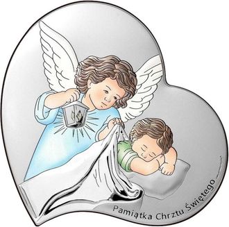 OEM Cuadro En Plata, Recuerdo De Bautismo, Con &Aacute;ngel, Coloreado + Grabado 6748s-c 16 X 16 Cm