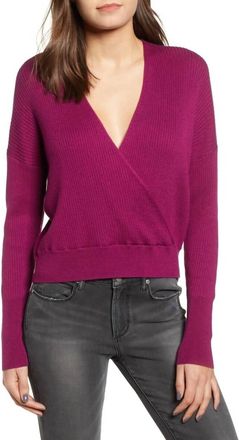 Leith Rib Wrap Long Sleeve Crop Sweater In Purple