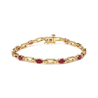 House of Brilliance 10K Yellow Gold Oval Ruby and 1/10 Cttw Diamond Bar Prong Set Bracelet (H-I Color, SI1-SI2 Clarity) - Size 7