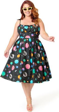 Unique Vintage Plus Size 1950s Cotton Swing Dress in Black & Blue at Nordstrom, Size 3X