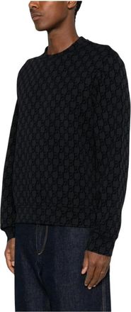 Emporio Armani All-Over Logo Gebreide Trui met Ronde Hals - Heren - Sweatshirts - Blauw - S - Wol - Hoodies & sweatvesten