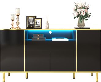 STILVORA Aparador Con 4 Puertas, 1 Caj&oacute;n Y Led, Negro Brillo Con Detalles Dorados, En Mdf, 150&times;40&times;80 Cm