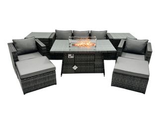 Fimous Rattan Garden Furniture Firepit Dining Set 7 Seater Lounge Sofa Table Set with 2 Side table 2 big Footstool in Dark Grey