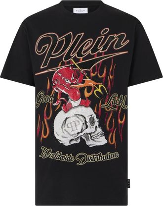 Philipp Plein Tops, Heren, Zwart, S, Katoen, Round Neck T-Shirt Little Devil Crystal