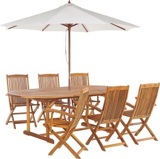 Beliani Conjunto De Comedor 6 Plazas De Madera De Acacia Beige Mesa Sillas Sombrilla Maui