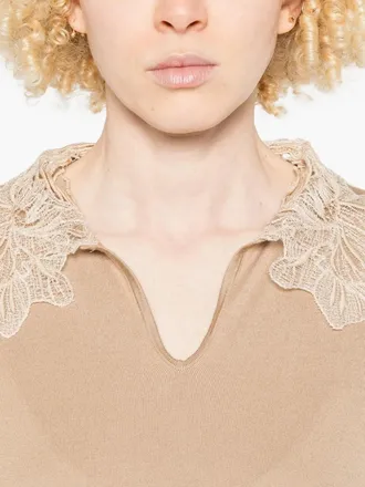 Fabiana Filippi Lace-Detail V-Neck T-Shirt - beige