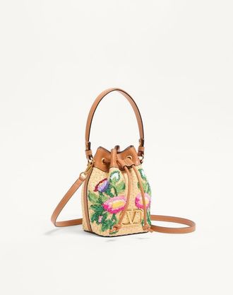 Valentino Garavani Mini Borsa A Secchiello Vlogo Signature In Rafia Con Ricamo Floreale Donna MULTICOLOR/CAMMELLO UNI