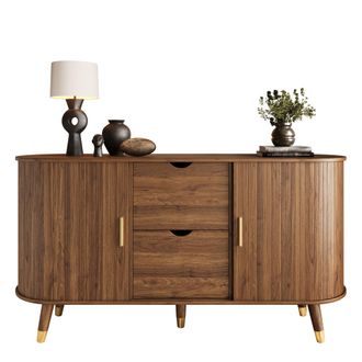STILVORA Aparador Con 2 Puertas Correderas Y 2 Cajones, Esquinas Redondeadas, Estilo Moderno, En Mdf, 140&times;40&times;79,5 Cm, Nogal