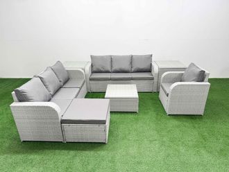 Fimous 8 Seater Poly Rattan Outdoor Garden Furniture Square Coffee Table Sofa Set Patio 3 Seater Sofa Reclining Chair 3 Seater Sofa Big Footstool 2