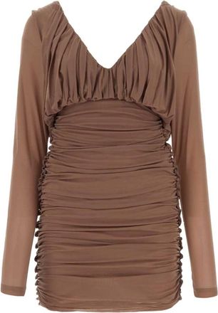 Saint Laurent Kleedjes, Dames, Bruin, S, Jersey Mini-jurk met Plooiing en Lange Mouwen