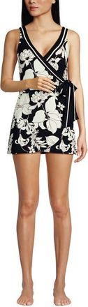 Lands End Side Tie Mini Swim Dress Swimsuit in Black/egret Lilies Border at Nordstrom, Size 10P