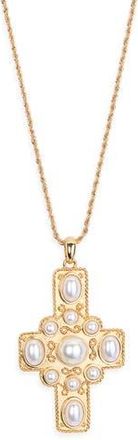 Kenneth Jay Lane Faux Pearl Cross Pendant Necklace in Gold at Nordstrom Rack
