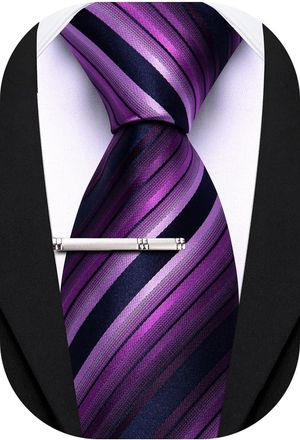 Barry.Wang Silk Men Ties Formal Stripes Necktie and Tie Clip for Wedding Party Business Fashion Classic, Rpyal Purple, One Size