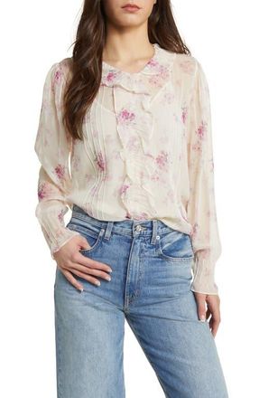 LoveShackFancy Rizzo Floral Print Ruffle Silk Shirt in Warm Pink Cloud at Nordstrom, Size Small