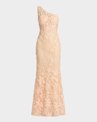 Mac Duggal Floral Embroidered One-Shoulder Column Gown