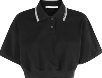 Alexander Wang Black Relaxed Cropped Cinched Logo Cotton-Blend Polo Shirt