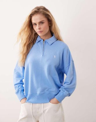 Polo Ralph Lauren Felpa in maglia blu con zip corta