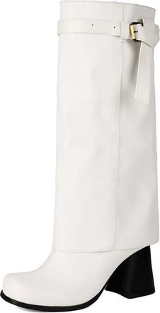 Generic Womens Fashion Fold Over Buckle Knee High Riding Boots Chunky High Heel Square Toe Pull On Winter Shoes (5.5,White)