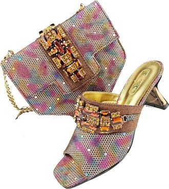Generic Square Toe Women Heels Bigger Size Rhinestone Decoration Brown Shoes and Bag Set Party Bag