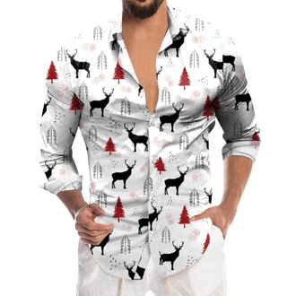 Generic Xmas Shirts for Men UK,Santa Claus Xmas Tree Print Graphic Tops Long Sleeve Button Down Slim Fit Blouse Funky Dress Shirt Christmas Shirt Mens Novelty