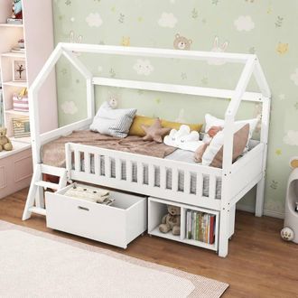 Merax 3ft White Pinewood House Cabin Bed Mid Sleeper with Storage | Size: Single