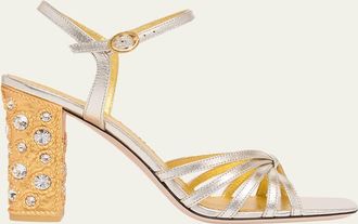 Valentino Garavani 90mm Valenti Embellished-Heel Metallic Leather Sandals