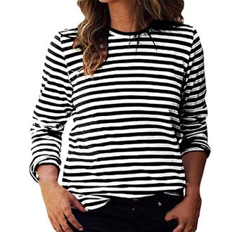 Generic Womens Striped Long Sleeve Top, Casual Loose Fit Crew Neck Blouse, Ladies Lightweight Pullover Shirt, Soft Stretchy Tunic Tops, Trendy Everyday Wear, 