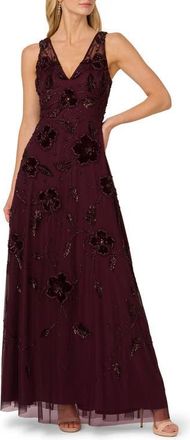 Adrianna Papell Beaded Floral Velvet Gown in Night Plum at Nordstrom, Size 10