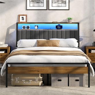 Yaheetech Homevive Marco De Cama Doble 140 &times; 200 Cm Con Cabecero Tapizado Estructura De Cama Con Luces Led Y Estaci&oacute;n De Carga, Estantes De Almacenamiento De 2 