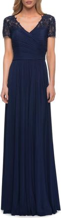 La Femme Jersey Long Evening Dress with Short Lace Sleeves in Navy at Nordstrom, Size 12