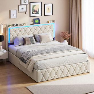 OEM Cama 160x200 Cm - Ytt03 - Terciopelo Beige - Led Rgb Y Puertos Usb - Cofre Hidr&aacute;ulico 300 Kg