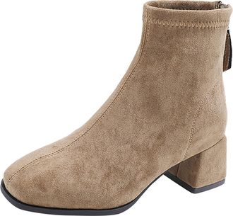 Generic Womens Suede Ankle Boots Square Toe Short Booties Chunky Block Heel Pull On Booties with Back Zipper Ladies Fall Winter Casual Comfortable Mid Calf Bo