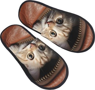 Generic House Slippers Cat Peeks Out Of Zippered Leather Pocket Lightweight Slippers Non-Slip Anti-Slide Slipper For Travel Hotel Spa M