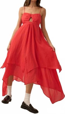 Promesa Pleated Keyhole Bodice Layered Gauze Maxi Dress In Tomato Red