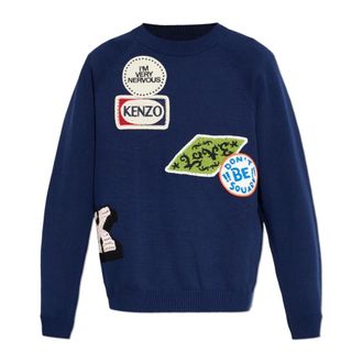 Kenzo Round-neck Knitwear, male, Blue, Size: L Badges Embroidered Jumper