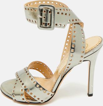 Charlotte Olympia Silver Leather Lasercut Crisscross Ankle Strap Sandals
