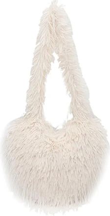 Generic Womens Plush Bags Long Plush Shoulder Bags Solid Candy Color Female Furry Crossbody Bag Heart Shape Womens Underarm Handbags(WHITE)