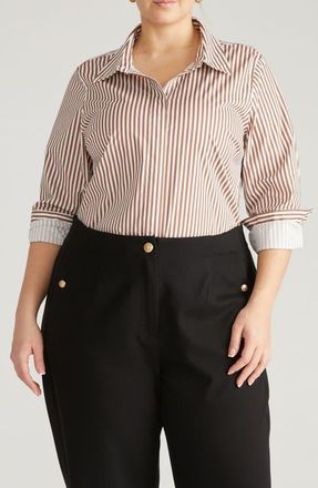 Universal Standard Elbe Stretch Poplin Button-Up Shirt in Allspice Brown/Stripe at Nordstrom, Size 2Xl