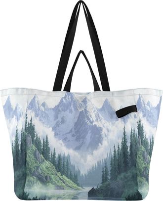 Generic Mountain Green Pine Trees print Reusable Canvas Tote Bag, Heavy Duty Grocery Shopping Bag with Double Handles Large Capacity Hard Bottom Work Grocerie