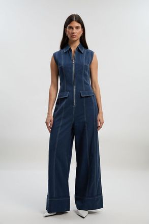 Karen Millen Womens Tall Tencel Cotton Contrast Stitch Zip Front Woven Jumpsuit - Navy - Size 14 UK