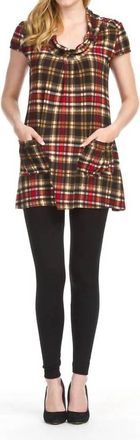 Papillon Short Sleeve Tab Collar Dress In Red Plaid