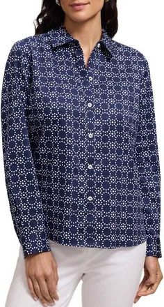 Foxcroft Hampton Geo Print Cotton Button-Up Shirt in Navy Blue/White at Nordstrom, Size Medium