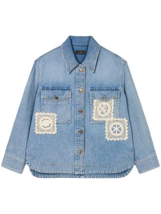 Alanui Light Blue Denim Overshirt with Crochet Lace Accents