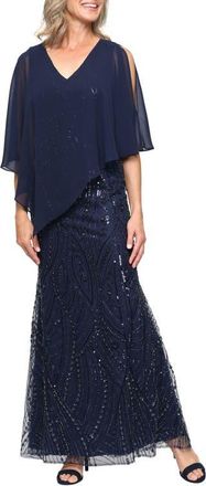 S.L. Fashions Embellished Chiffon & Mesh Gown in Navy at Nordstrom, Size 10