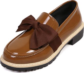 Generic Womens Patent Leather Bow Loafers Wide Width, Chunky Low Block Heel Round Toe Lug Sole Dress Shoes for Office Work (Brown,7.5)
