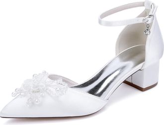 Generic Women Bridal Chunky Heels Dress Shoes Low Heels Wedding Ankle Strap Evening Pumps 4.5Cm,White,10 UK