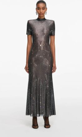 Self Portrait Rhinestone Mesh Midi Dress In Grey