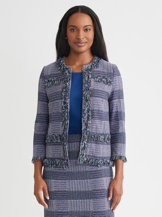 Misook Heritage Plaid Fringe Trim Knit Jacket in Blue/sangria/black at Nordstrom, Size Xx-Large