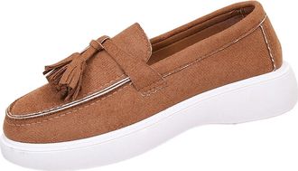 Generic Brown Ladies Casual Loafers Adorned with Tassel and Round Toe Design One-Foot Flat for Outdoor Indoor
